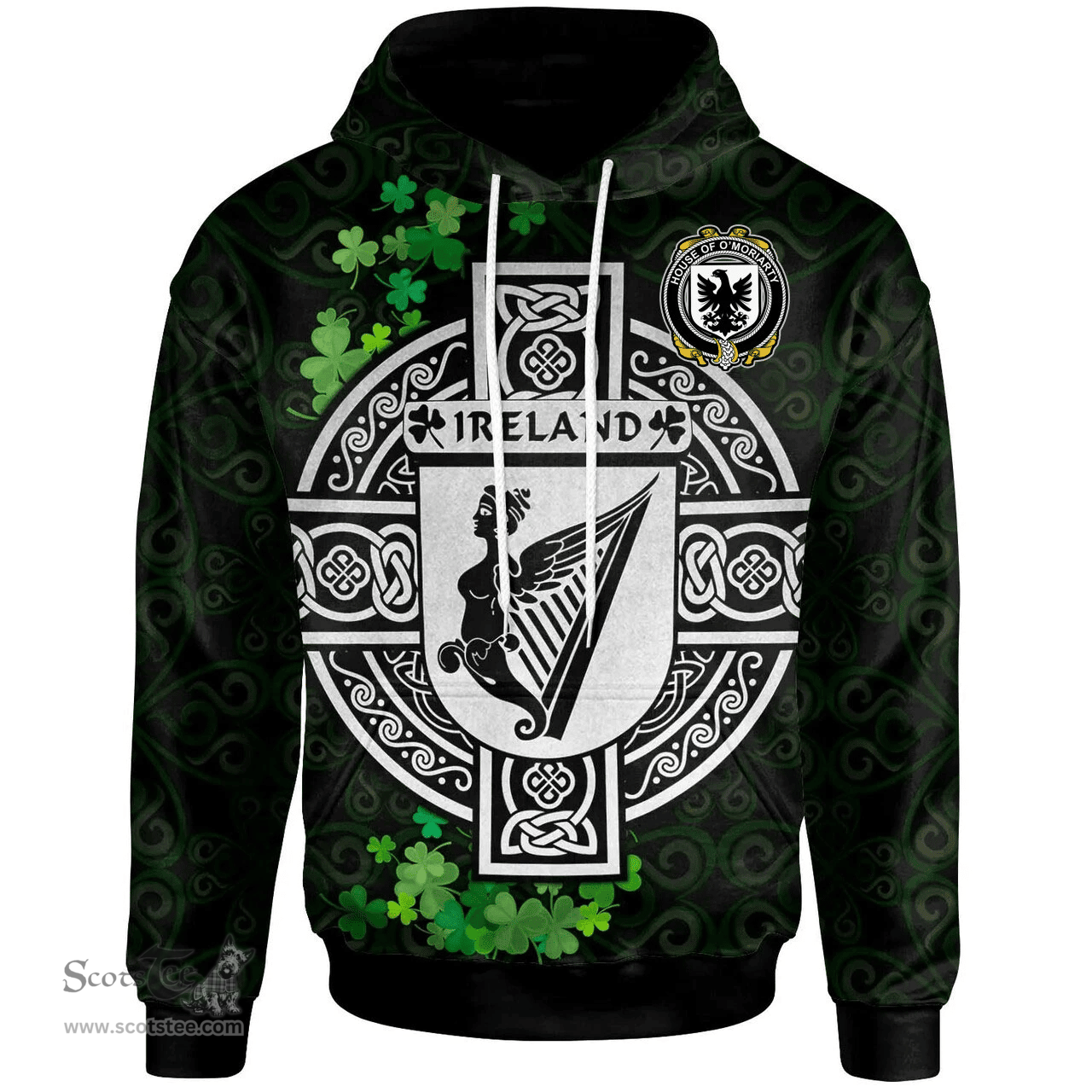 ScotsTee Shop Irish House of O'MORIARTY Coat of Arms Irish Hoodie Celtic Ireland Coat Of Arms Badge Pewter Harp Pin