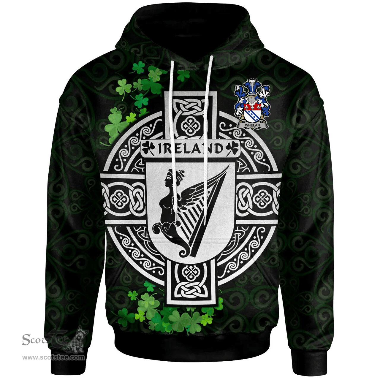 ScotsTee Shop Irish Whelan Coat of Arms Irish Hoodie Celtic Ireland Coat Of Arms Badge Pewter Harp Pin