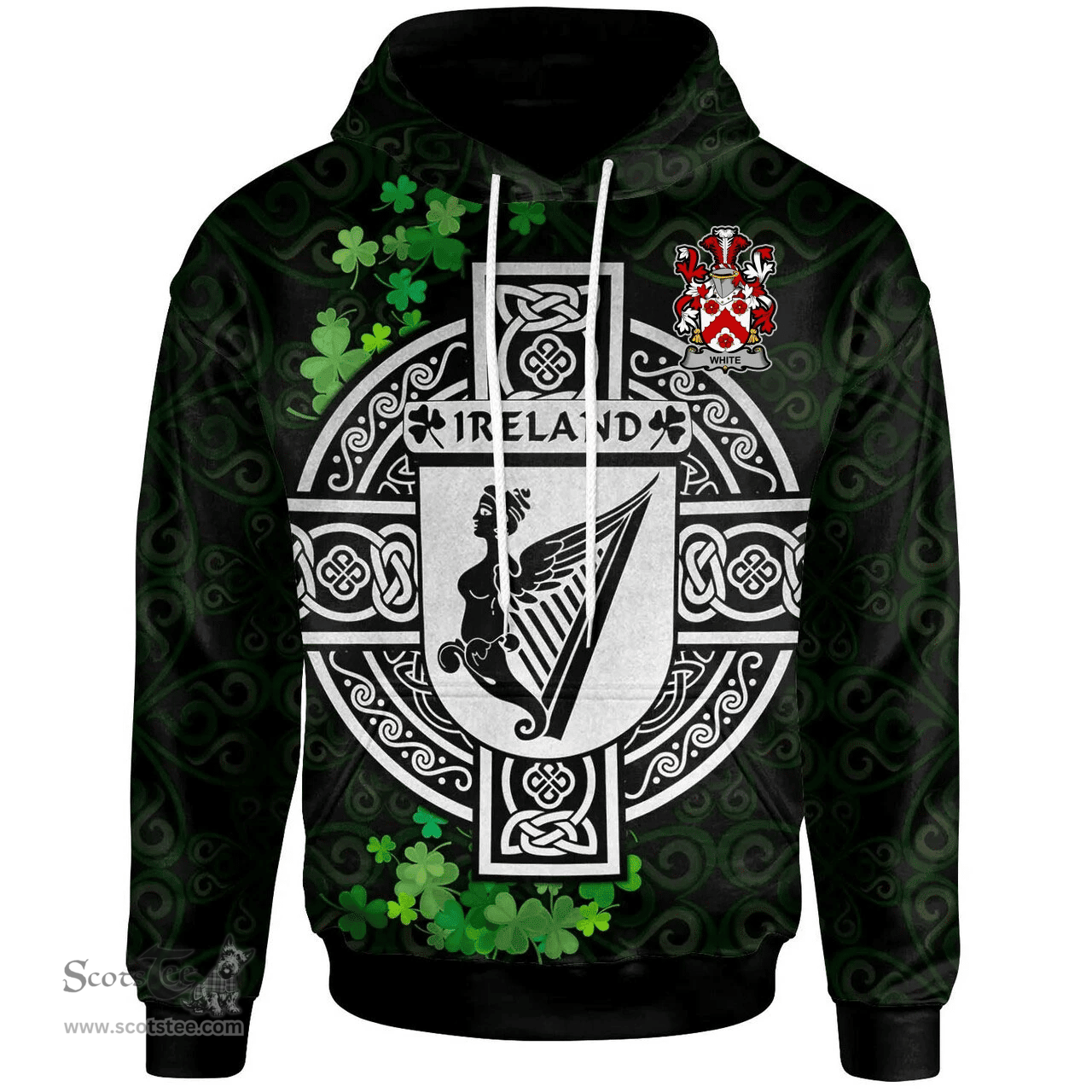 ScotsTee Shop Irish White or Whyte Coat of Arms Irish Hoodie Celtic Ireland Coat Of Arms Badge Pewter Harp Pin