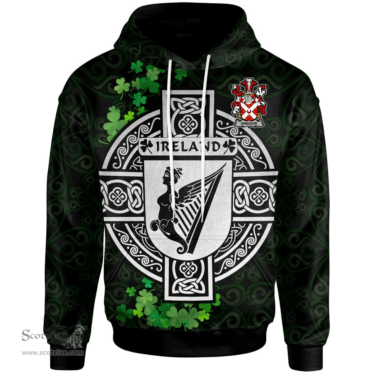 ScotsTee Shop Irish Windsor Coat of Arms Irish Hoodie Celtic Ireland Coat Of Arms Badge Pewter Harp Pin