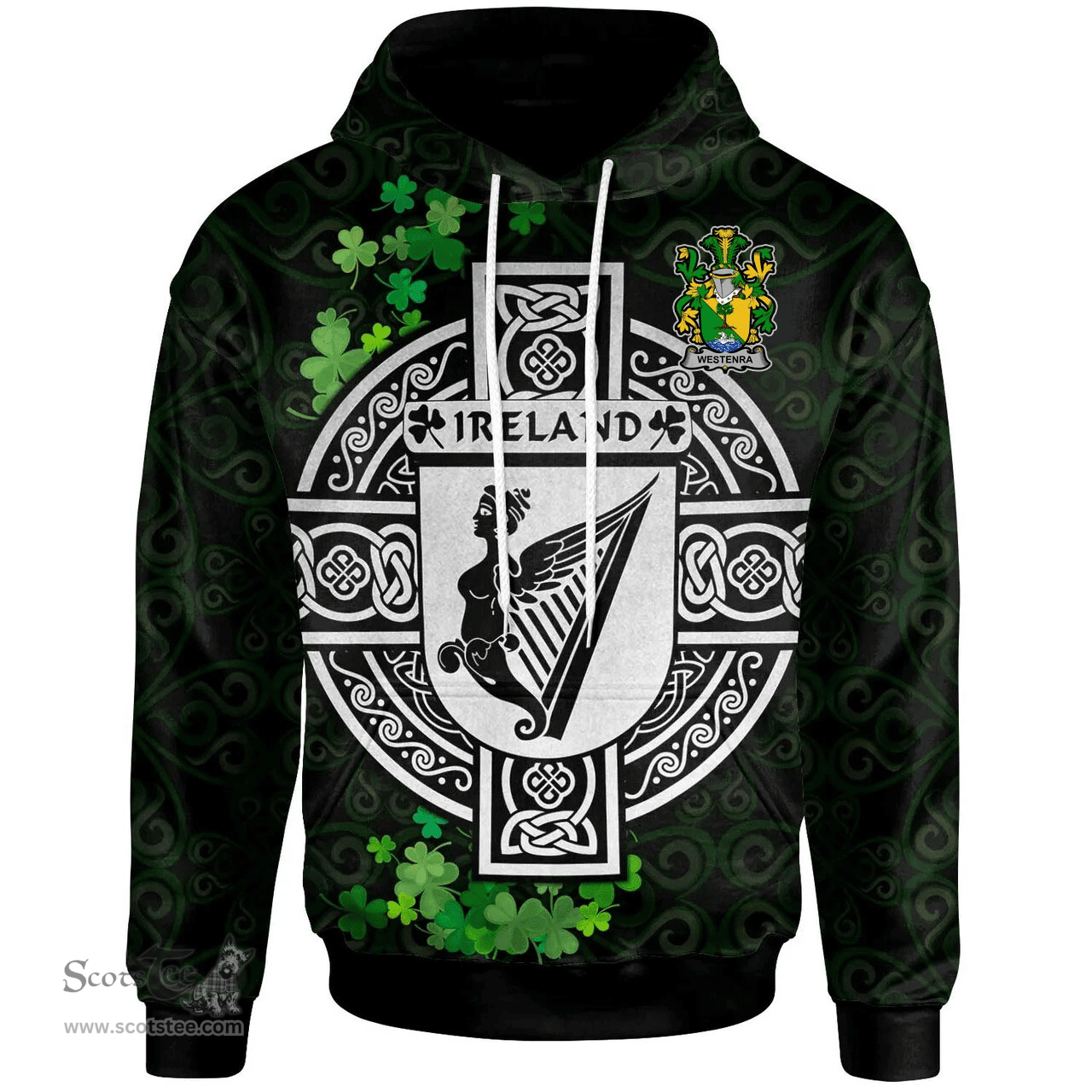 ScotsTee Shop Irish Westenra Coat of Arms Irish Hoodie Celtic Ireland Coat Of Arms Badge Pewter Harp Pin