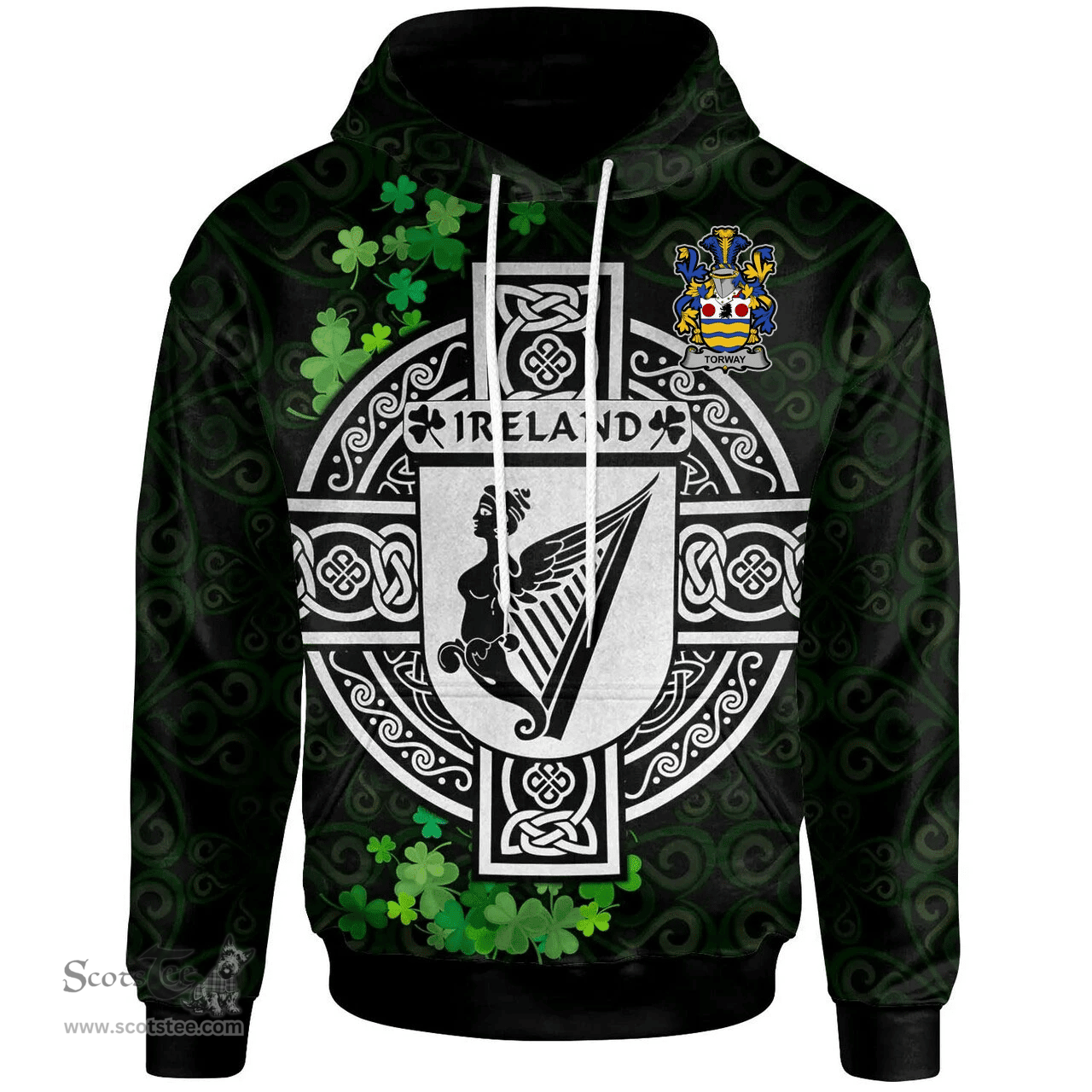 ScotsTee Shop Irish Torway Coat of Arms Irish Hoodie Celtic Ireland Coat Of Arms Badge Pewter Harp Pin