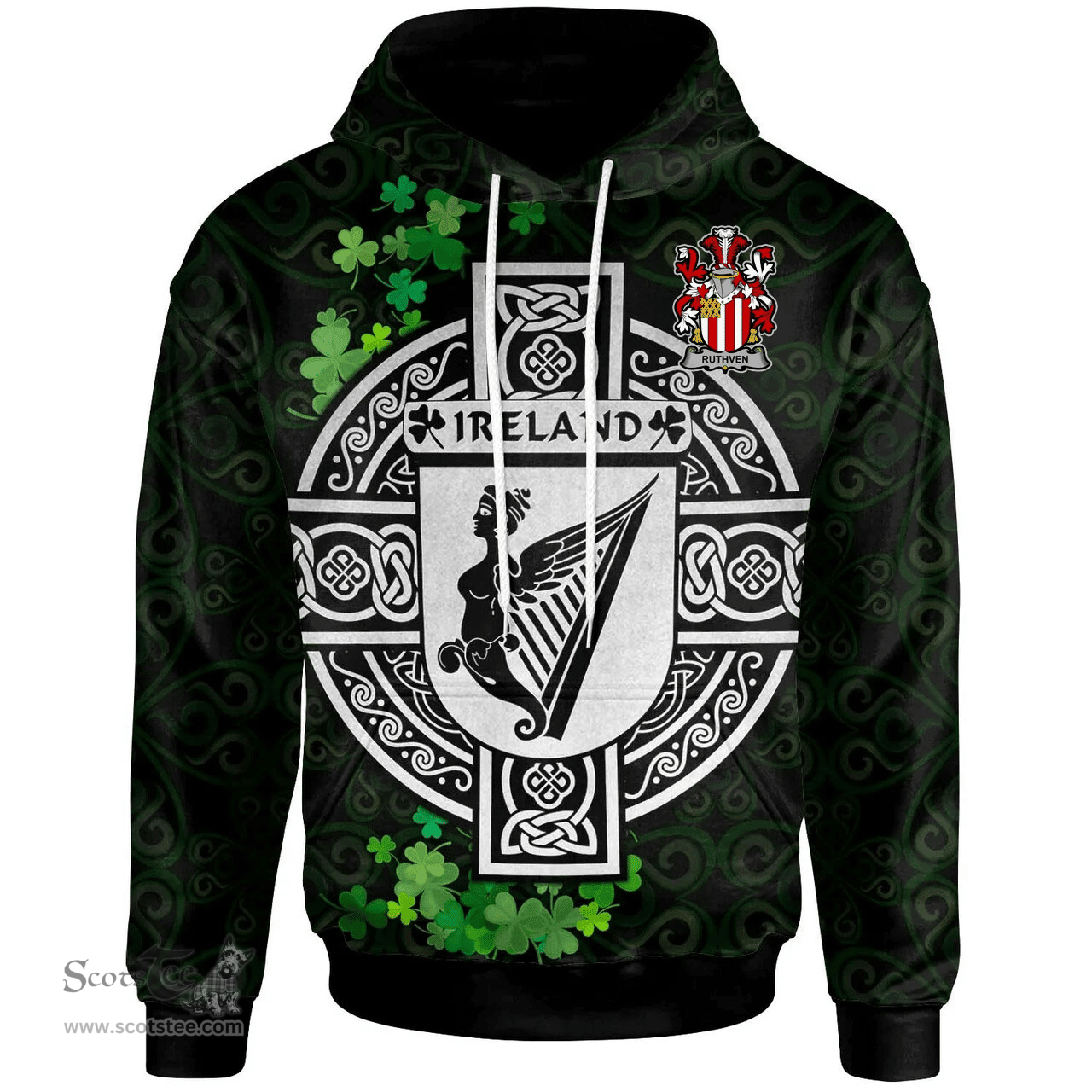 ScotsTee Shop Irish Ruthven Coat of Arms Irish Hoodie Celtic Ireland Coat Of Arms Badge Pewter Harp Pin