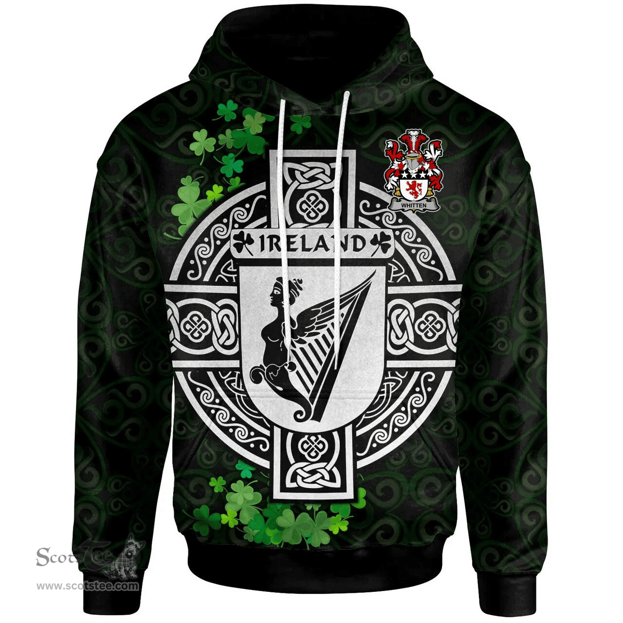 ScotsTee Shop Irish Whitten Coat of Arms Irish Hoodie Celtic Ireland Coat Of Arms Badge Pewter Harp Pin