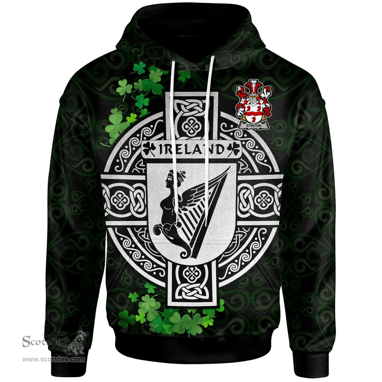 ScotsTee Shop Irish Stinton Coat of Arms Irish Hoodie Celtic Ireland Coat Of Arms Badge Pewter Harp Pin