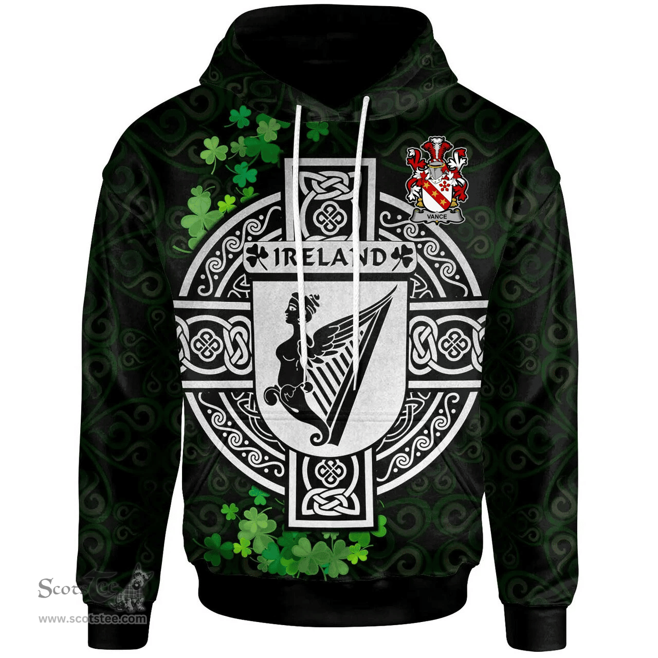 ScotsTee Shop Irish Vance Coat of Arms Irish Hoodie Celtic Ireland Coat Of Arms Badge Pewter Harp Pin