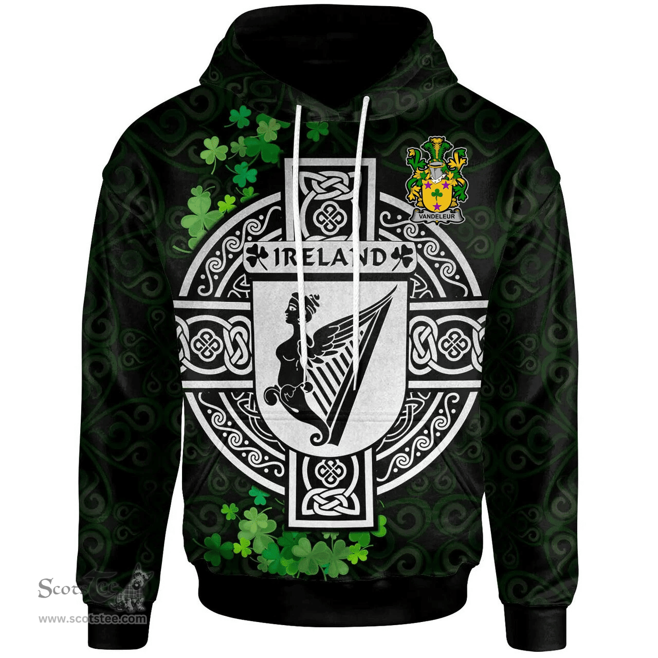 ScotsTee Shop Irish Vandeleur Coat of Arms Irish Hoodie Celtic Ireland Coat Of Arms Badge Pewter Harp Pin