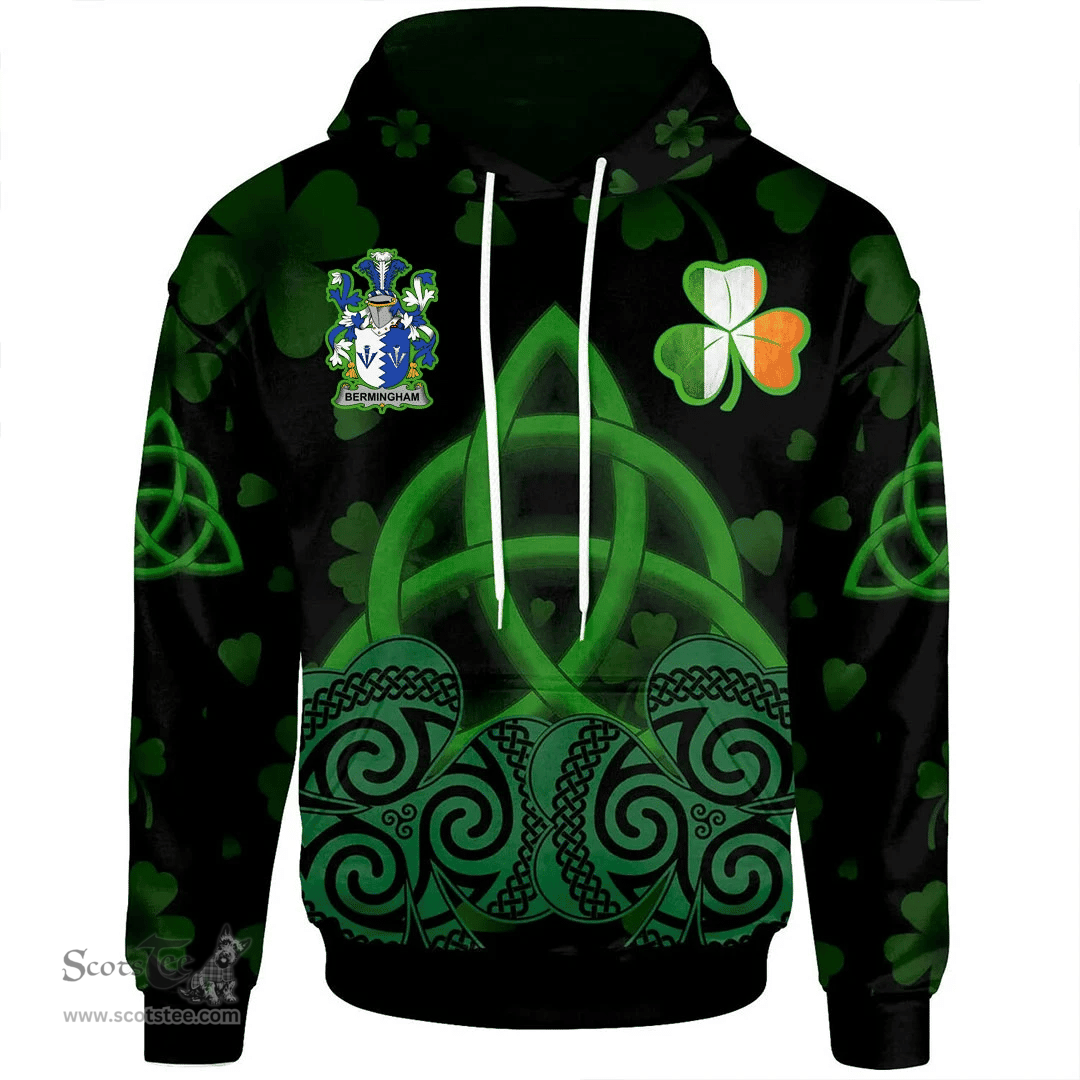 ScotsTee Shop Irish Bermingham Coat of Arms Irish Hoodie Celtic Knot And Shamrock Black Pattern