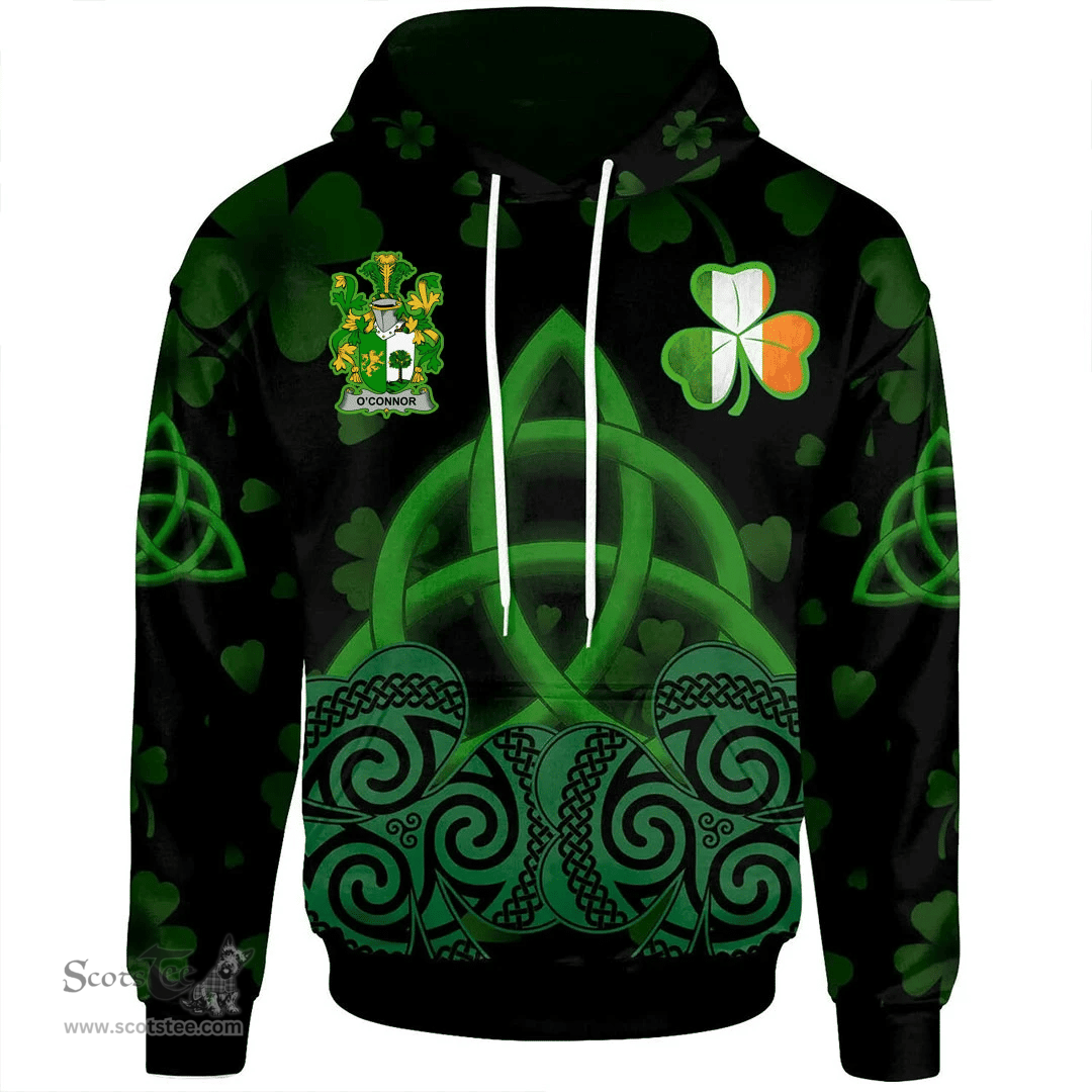 ScotsTee Shop Irish Connor or O'Connor (Sligo) Coat of Arms Irish Hoodie Celtic Knot And Shamrock Black Pattern