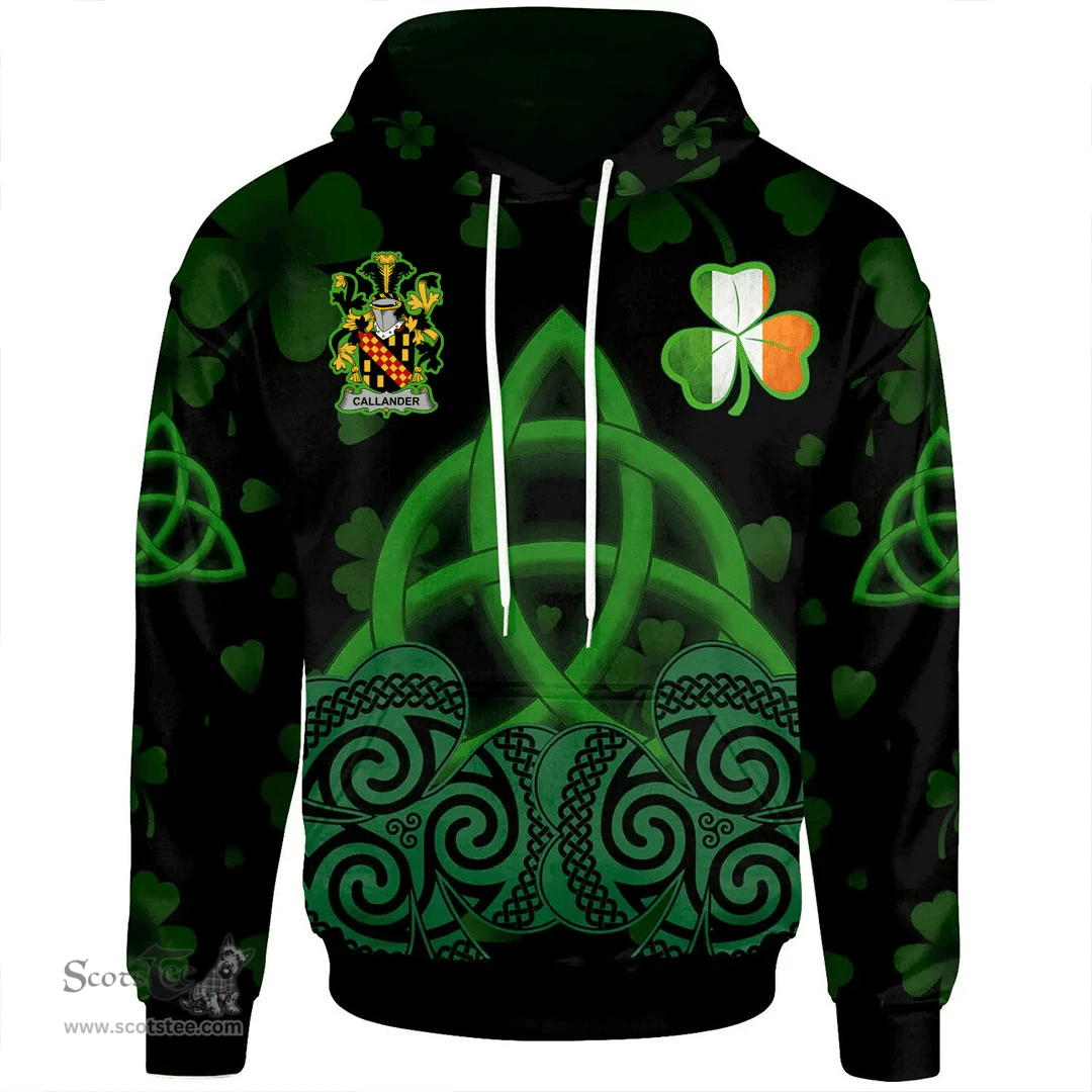 ScotsTee Shop Irish Callander Coat of Arms Irish Hoodie Celtic Knot And Shamrock Black Pattern