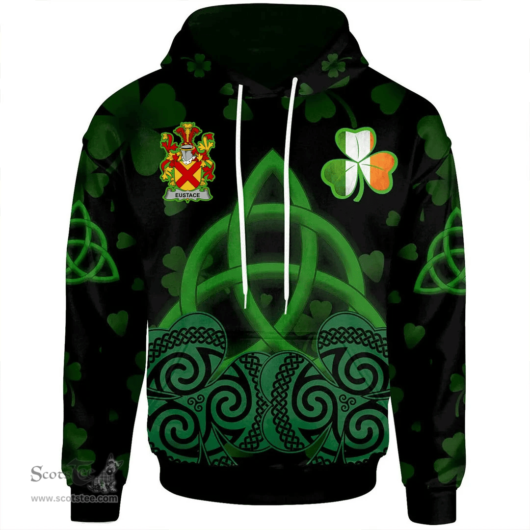 ScotsTee Shop Irish Eustace Coat of Arms Irish Hoodie Celtic Knot And Shamrock Black Pattern