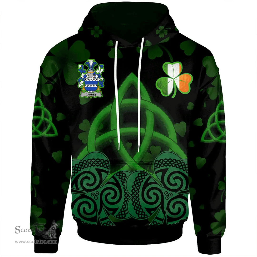 ScotsTee Shop Irish Dardes or Dardis Coat of Arms Irish Hoodie Celtic Knot And Shamrock Black Pattern