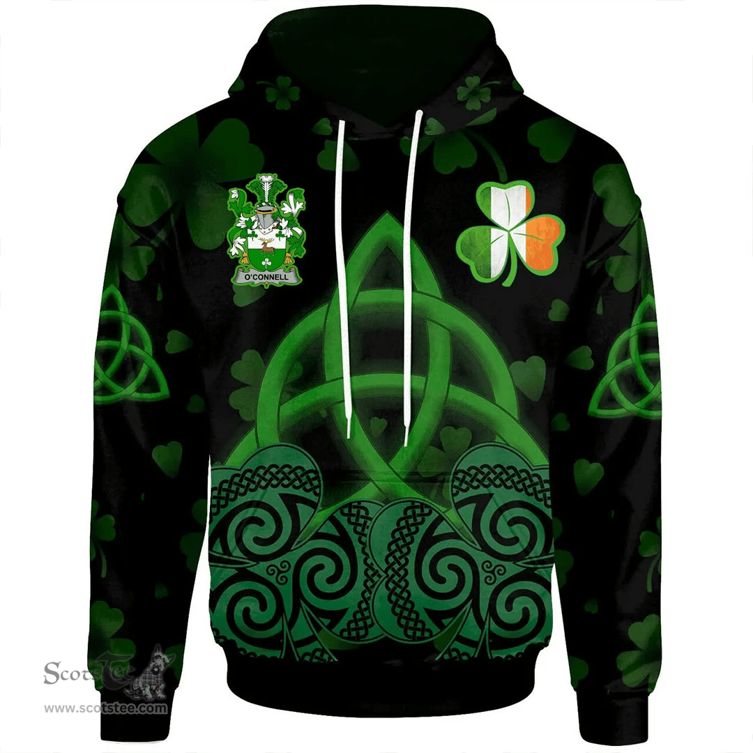 ScotsTee Shop Irish Connell or O'Connell Coat of Arms Irish Hoodie Celtic Knot And Shamrock Black Pattern