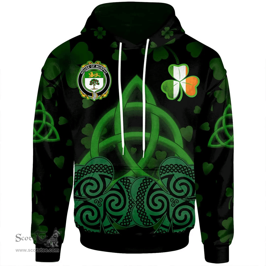 ScotsTee Shop Irish House of MURPHY (O?Morchoe) Coat of Arms Irish Hoodie Celtic Knot And Shamrock Black Pattern