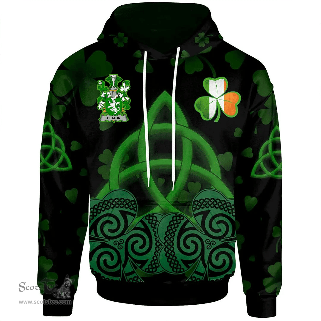 ScotsTee Shop Irish Heaton Coat of Arms Irish Hoodie Celtic Knot And Shamrock Black Pattern