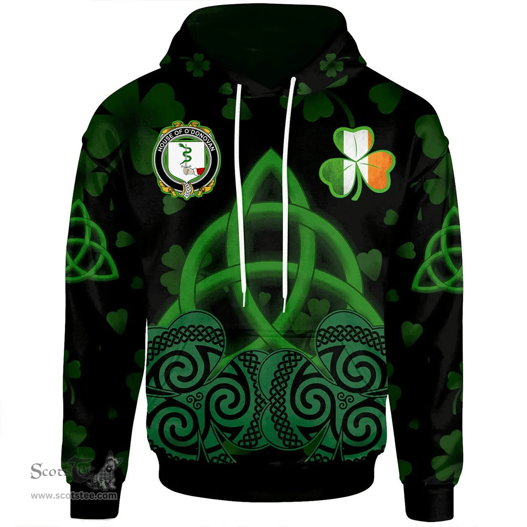 ScotsTee Shop Irish House of O'DONOVAN Coat of Arms Irish Hoodie Celtic Knot And Shamrock Black Pattern