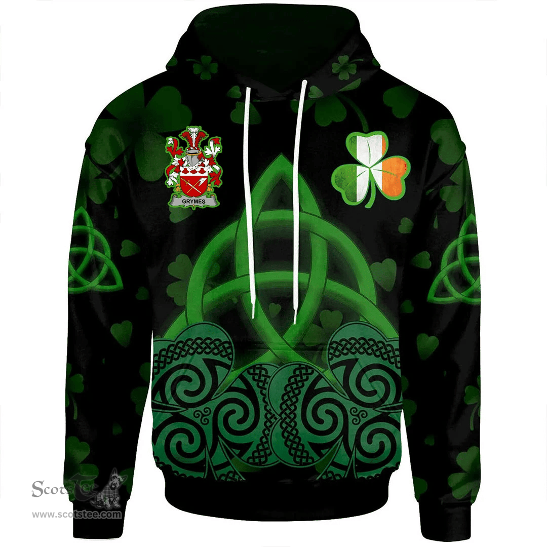 ScotsTee Shop Irish Grymes Coat of Arms Irish Hoodie Celtic Knot And Shamrock Black Pattern