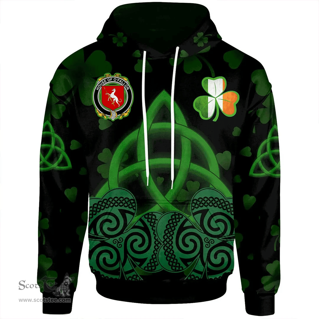 ScotsTee Shop Irish House of O'FALLON Coat of Arms Irish Hoodie Celtic Knot And Shamrock Black Pattern