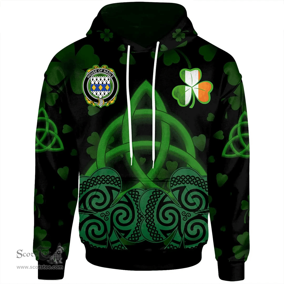 ScotsTee Shop Irish House of NAGLE Coat of Arms Irish Hoodie Celtic Knot And Shamrock Black Pattern