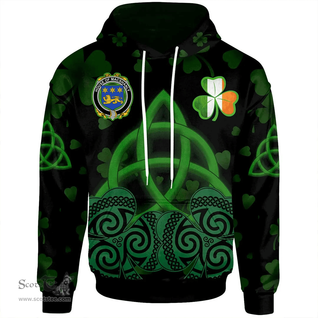 ScotsTee Shop Irish House of MACSHANLY Coat of Arms Irish Hoodie Celtic Knot And Shamrock Black Pattern