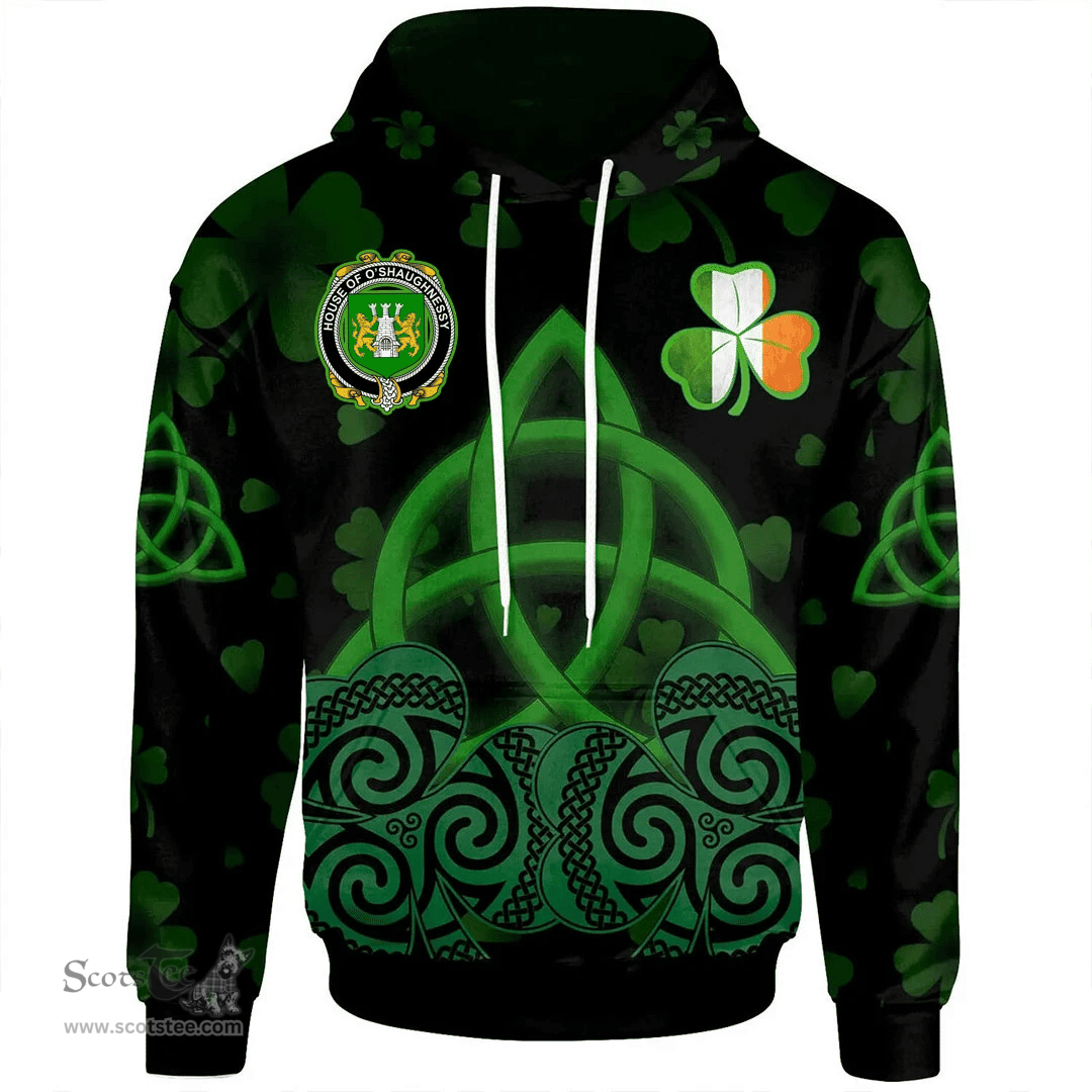 ScotsTee Shop Irish House of O'SHAUGNESSY Coat of Arms Irish Hoodie Celtic Knot And Shamrock Black Pattern