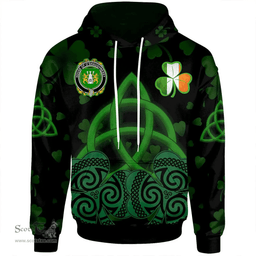 ScotsTee Shop Irish House of O'SHAUGNESSY Coat of Arms Irish Hoodie Celtic Knot And Shamrock Black Pattern