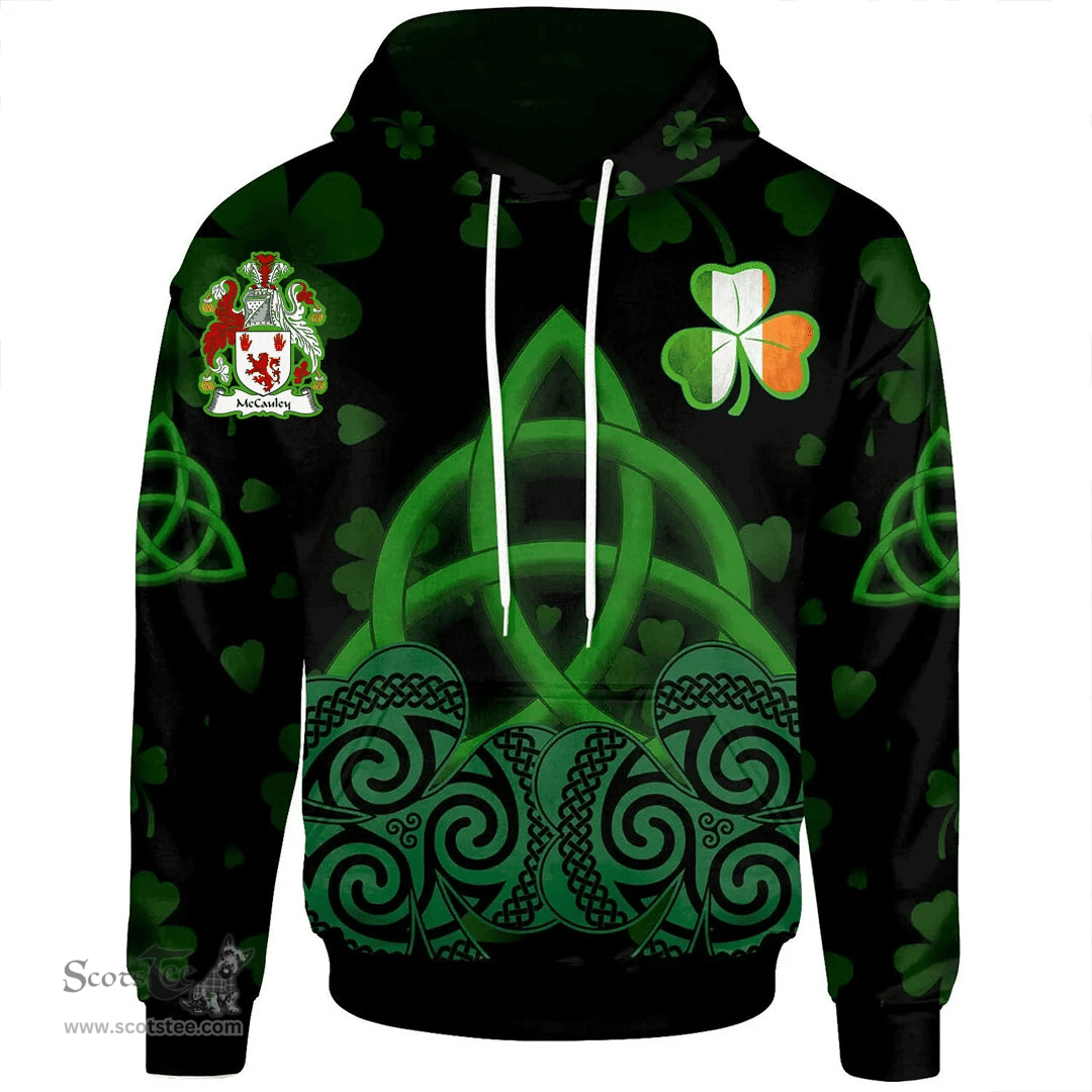 ScotsTee Shop Irish McCauley Coat of Arms Irish Hoodie Celtic Knot And Shamrock Black Pattern