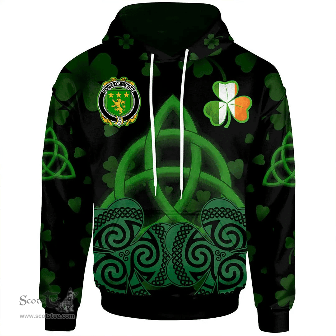 ScotsTee Shop Irish House of O'MORE Coat of Arms Irish Hoodie Celtic Knot And Shamrock Black Pattern