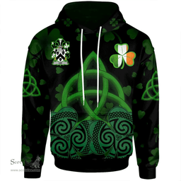 ScotsTee Shop Irish Lee or O'Lee Coat of Arms Irish Hoodie Celtic Knot And Shamrock Black Pattern