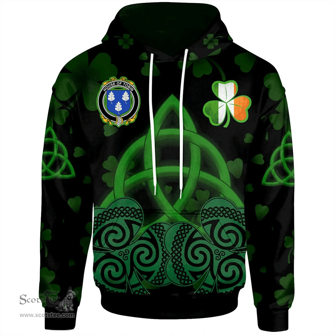 ScotsTee Shop Irish House of TOBIN Coat of Arms Irish Hoodie Celtic Knot And Shamrock Black Pattern