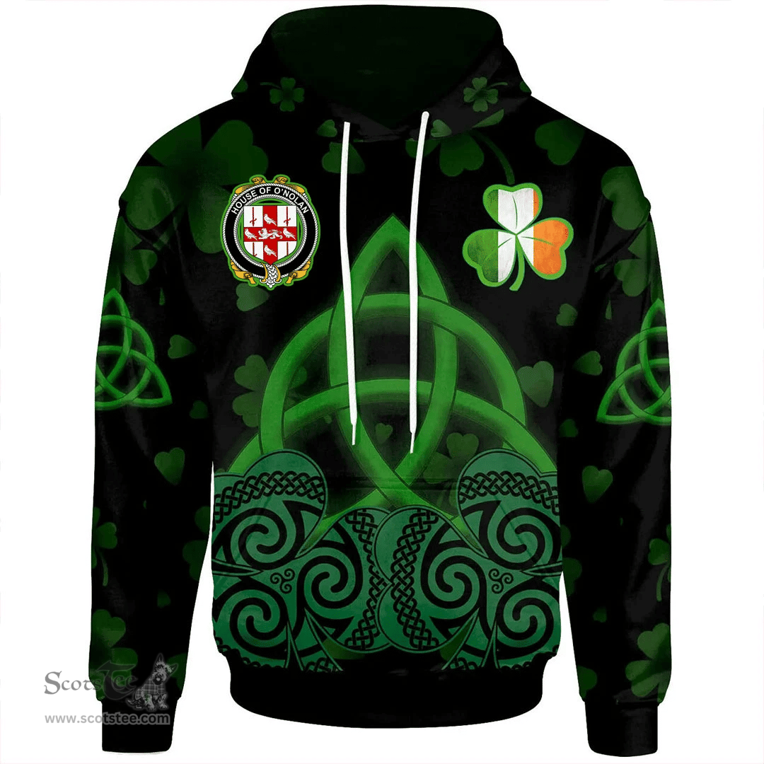ScotsTee Shop Irish House of O'NOLAN Coat of Arms Irish Hoodie Celtic Knot And Shamrock Black Pattern