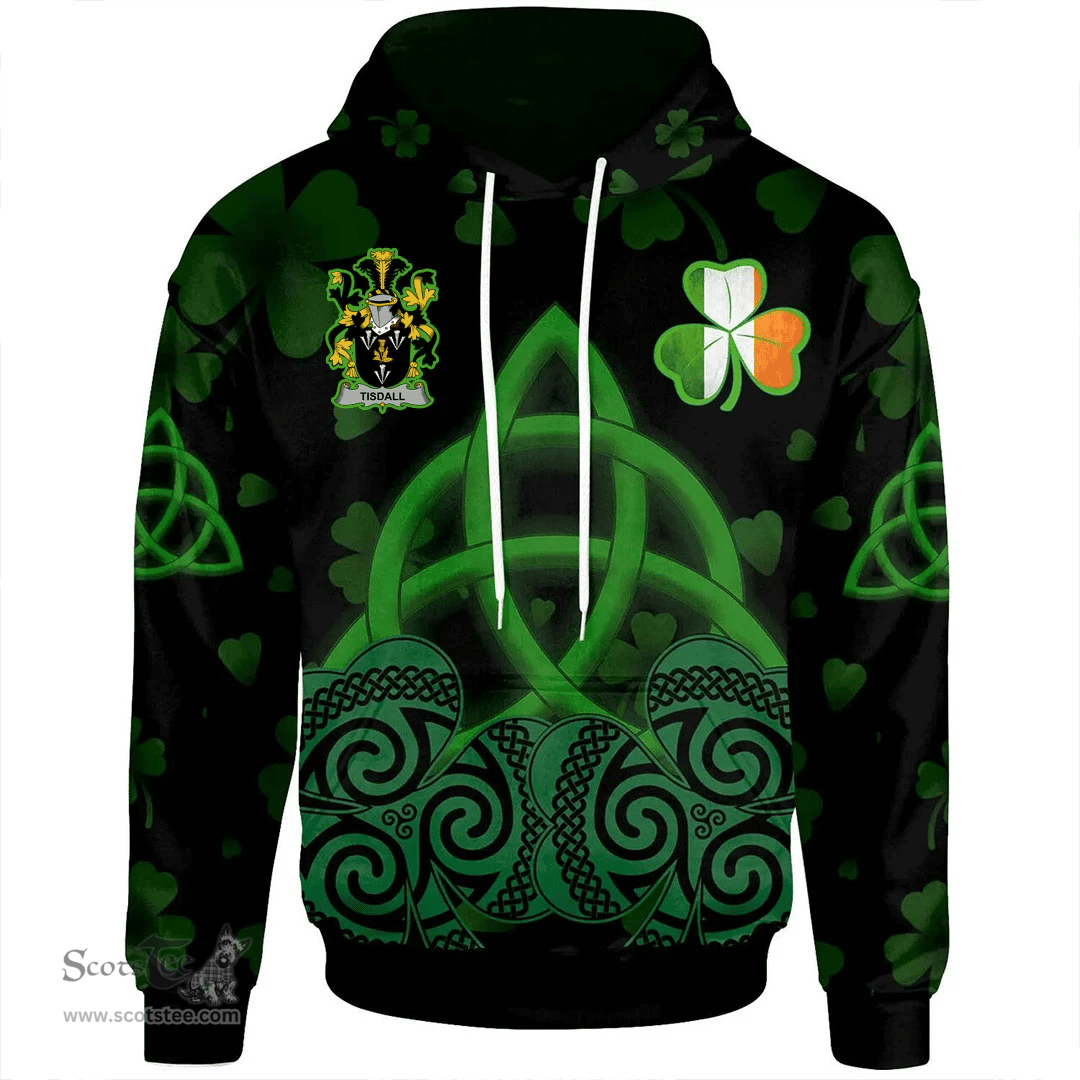 ScotsTee Shop Irish Tisdall or Tisdale Coat of Arms Irish Hoodie Celtic Knot And Shamrock Black Pattern