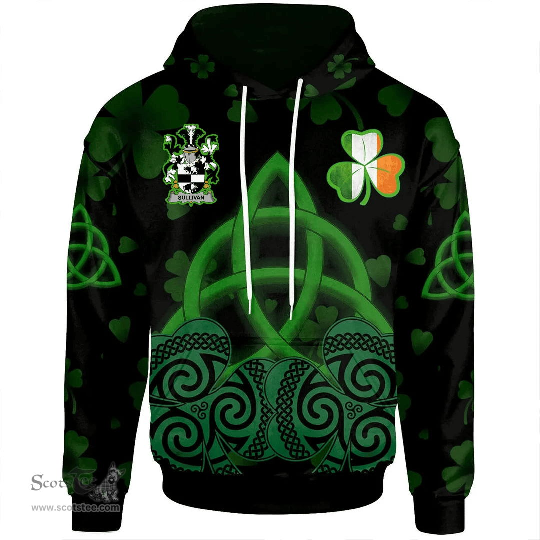 ScotsTee Shop Irish Sullivan or O'Sullivan (Beare) Coat of Arms Irish Hoodie Celtic Knot And Shamrock Black Pattern