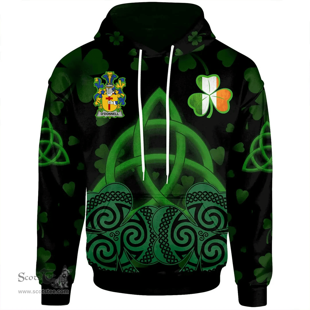ScotsTee Shop Irish Donnell or O'Donnell Coat of Arms Irish Hoodie Celtic Knot And Shamrock Black Pattern