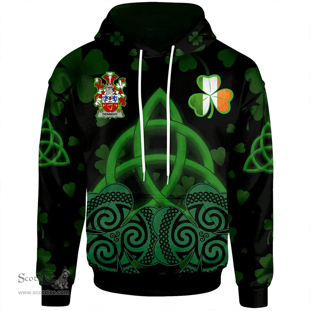 ScotsTee Shop Irish Dennehy or O'Dennehy Coat of Arms Irish Hoodie Celtic Knot And Shamrock Black Pattern