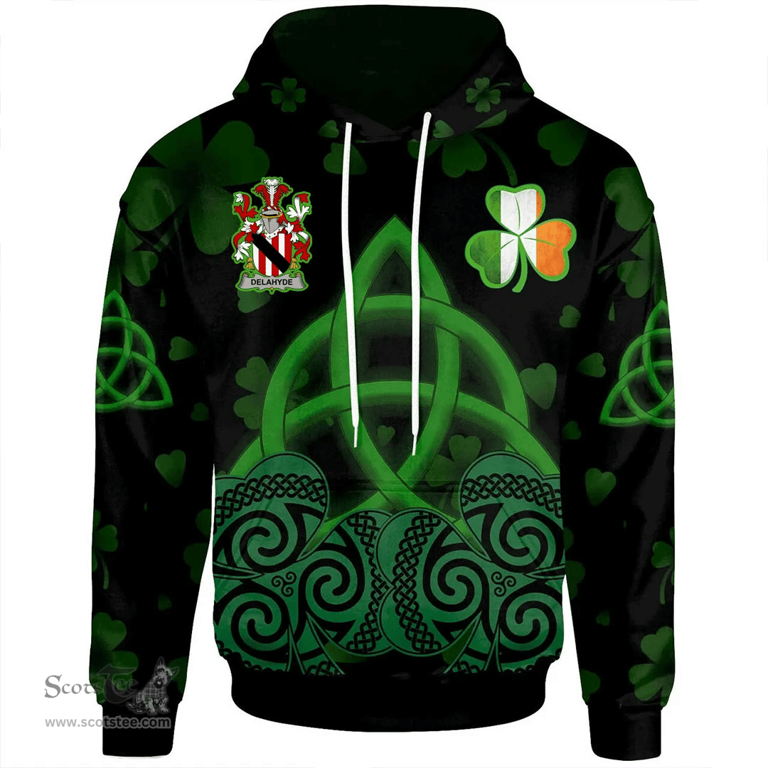 ScotsTee Shop Irish Delahyde Coat of Arms Irish Hoodie Celtic Knot And Shamrock Black Pattern