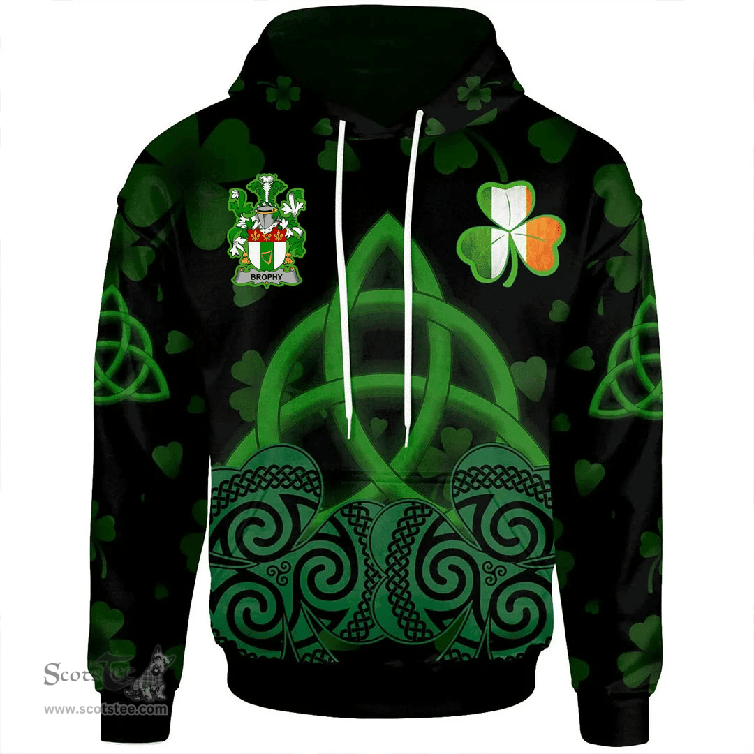 ScotsTee Shop Irish Brophy or O'Brophy Coat of Arms Irish Hoodie Celtic Knot And Shamrock Black Pattern