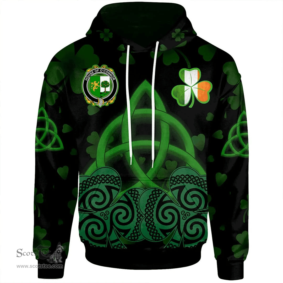 ScotsTee Shop Irish House of O'CONNOR (Sligo) Coat of Arms Irish Hoodie Celtic Knot And Shamrock Black Pattern