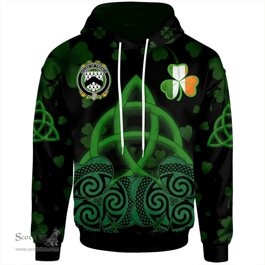 ScotsTee Shop Irish House of FRENCH Coat of Arms Irish Hoodie Celtic Knot And Shamrock Black Pattern