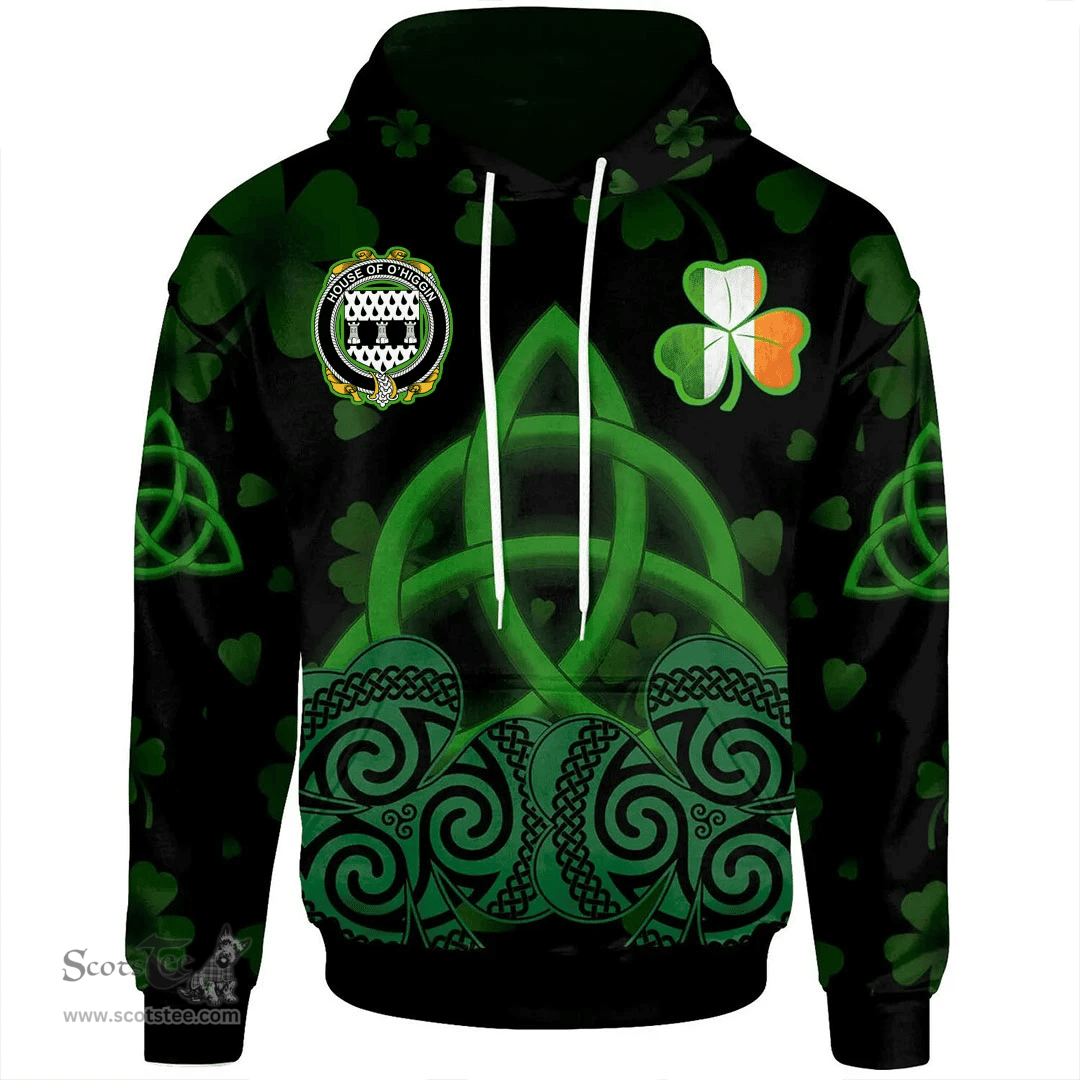 ScotsTee Shop Irish House of O'HIGGIN Coat of Arms Irish Hoodie Celtic Knot And Shamrock Black Pattern