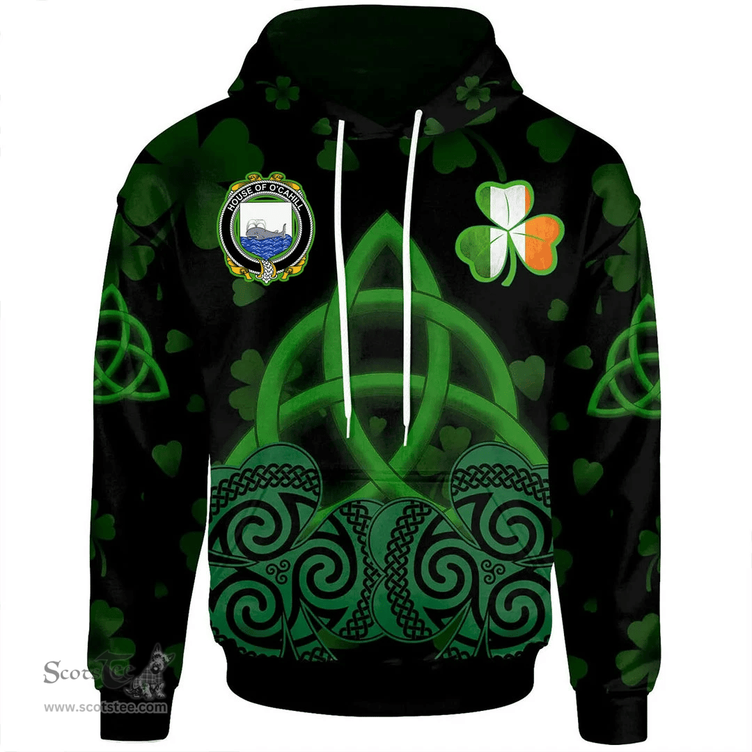 ScotsTee Shop Irish House of O'CAHILL Coat of Arms Irish Hoodie Celtic Knot And Shamrock Black Pattern