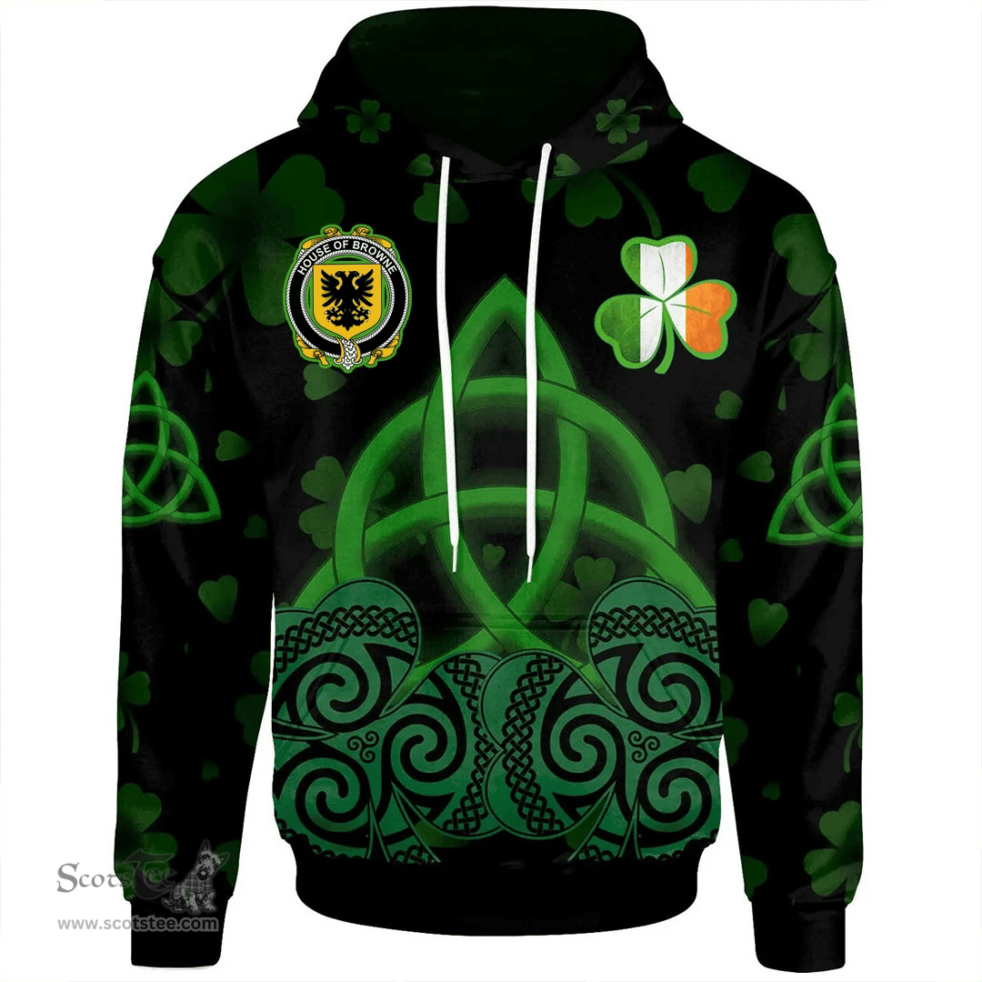 ScotsTee Shop Irish House of BROWNE Coat of Arms Irish Hoodie Celtic Knot And Shamrock Black Pattern