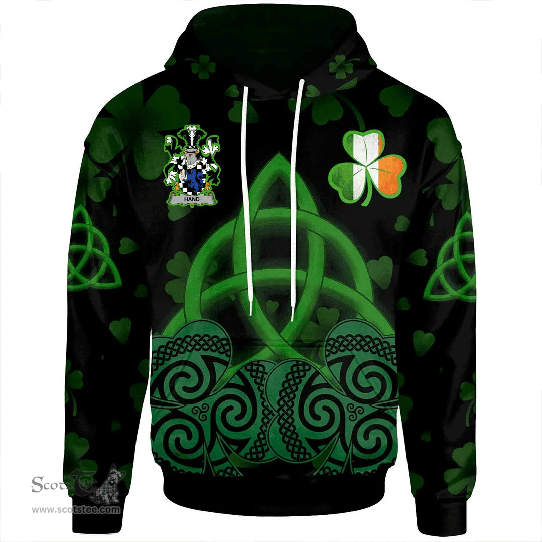 ScotsTee Shop Irish Hand or McClave Coat of Arms Irish Hoodie Celtic Knot And Shamrock Black Pattern