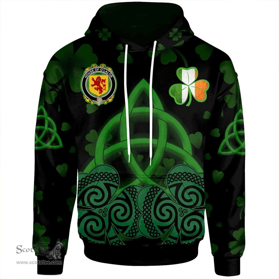 ScotsTee Shop Irish House of O'LALOR Coat of Arms Irish Hoodie Celtic Knot And Shamrock Black Pattern