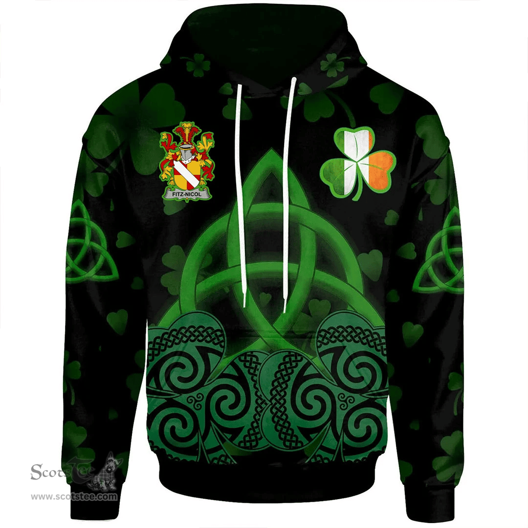 ScotsTee Shop Irish Fitz-Nicol Coat of Arms Irish Hoodie Celtic Knot And Shamrock Black Pattern