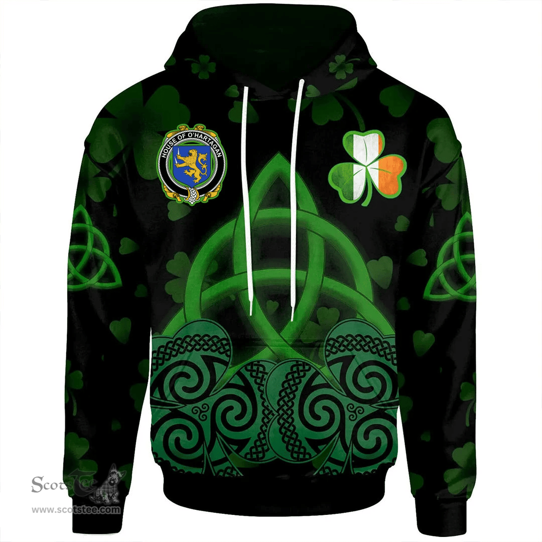 ScotsTee Shop Irish House of O'HARTAGAN Coat of Arms Irish Hoodie Celtic Knot And Shamrock Black Pattern