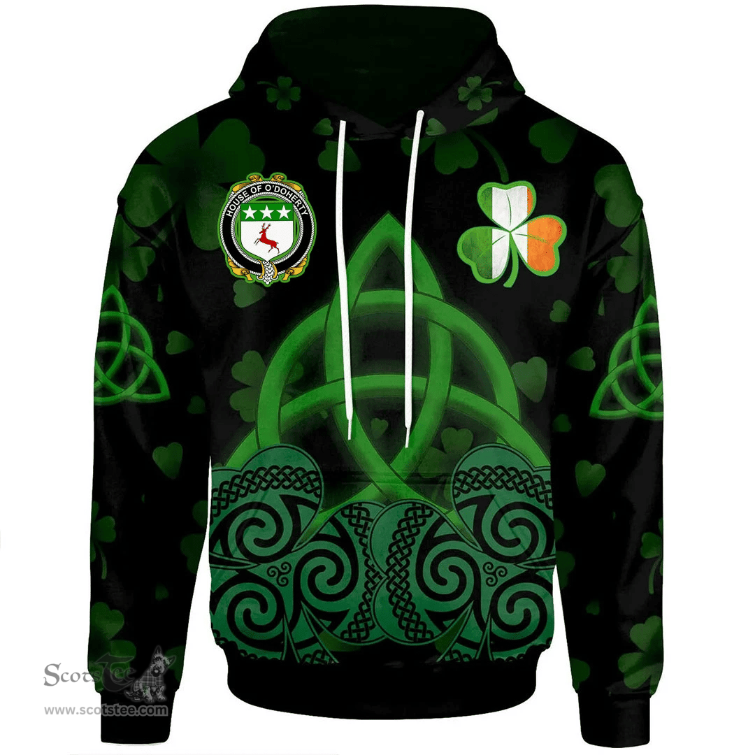 ScotsTee Shop Irish House of O'DOHERTY Coat of Arms Irish Hoodie Celtic Knot And Shamrock Black Pattern