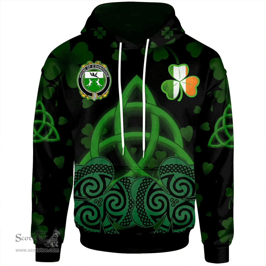 ScotsTee Shop Irish House of O'DONOGHUE Coat of Arms Irish Hoodie Celtic Knot And Shamrock Black Pattern