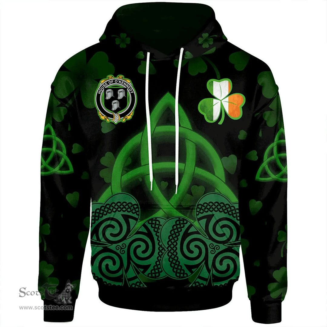 ScotsTee Shop Irish House of O'KENNEDY Coat of Arms Irish Hoodie Celtic Knot And Shamrock Black Pattern