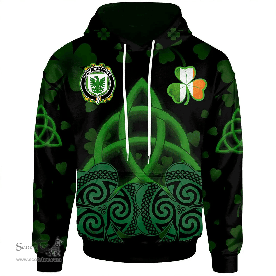 ScotsTee Shop Irish House of MACENIRY Coat of Arms Irish Hoodie Celtic Knot And Shamrock Black Pattern